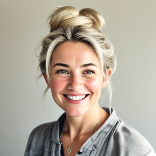 Messy Top Knot on Smiling Woman in Her 40s