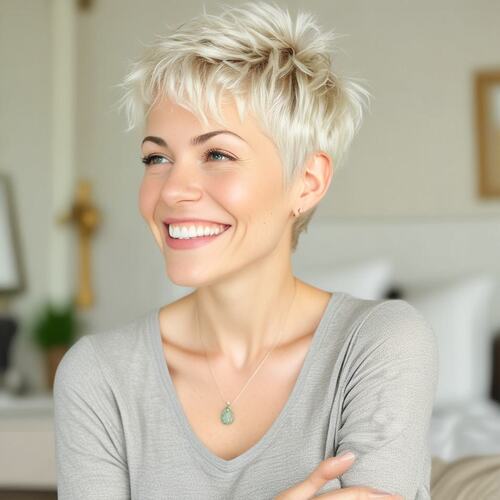 Edgy Platinum Pixie on Smiling Woman in Her 40s