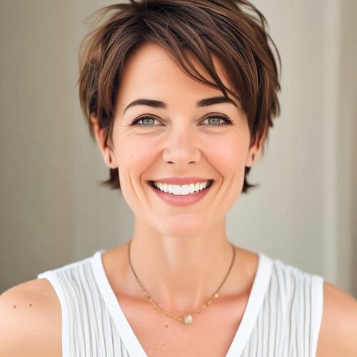 Textured Pixie Cut on Smiling Woman in Her 40s