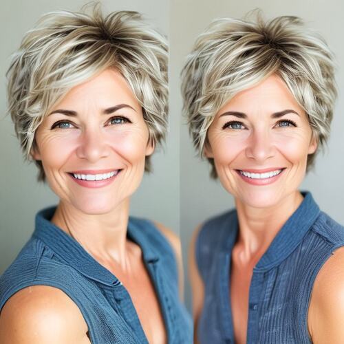 Short Blonde Shag Haircut on Smiling Woman in Her 40s