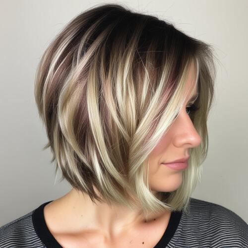 Angled Layered Bob with Bright Highlights