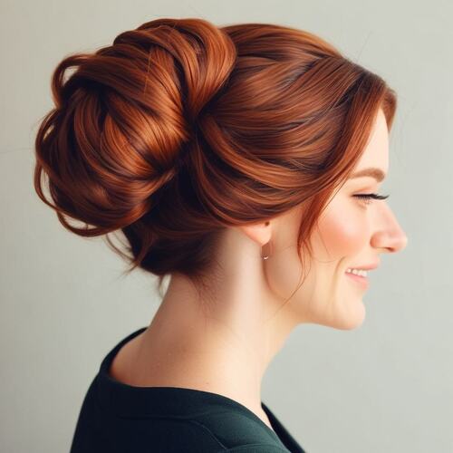 Low Chignon Bun on Smiling Red-Haired Woman Over 40