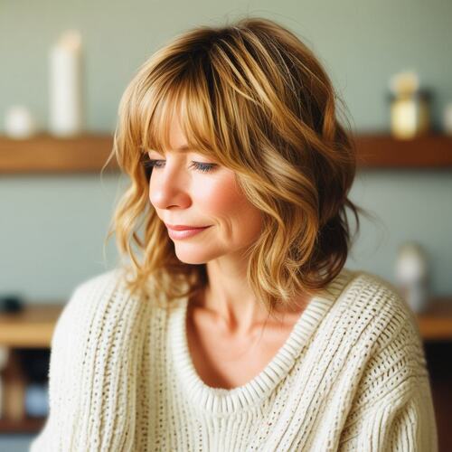 Layered Hairstyle with Side-Swept Bangs on Woman Over 40