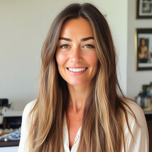 Long Sleek Brown Hair on Smiling Woman Over 40