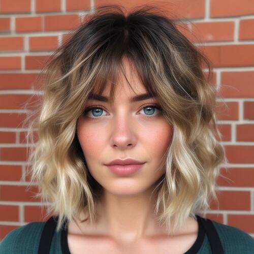 Tousled Wavy Bob with Curtain Bangs