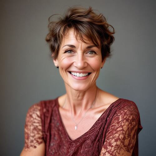 Curly Grown-Out Pixie on Smiling Woman Over 50 in Hair Salon