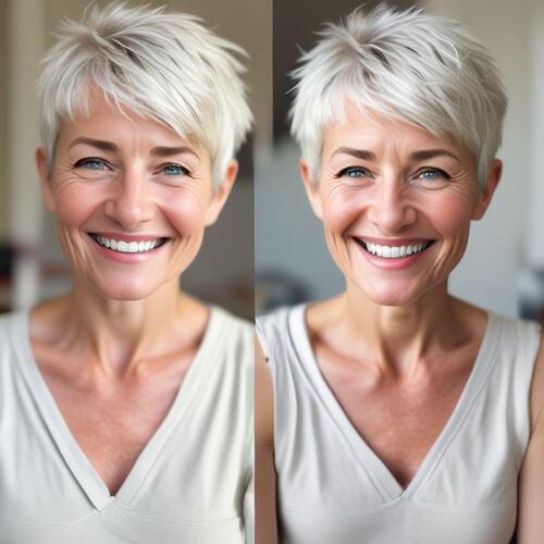 Buttery Blonde Pixie Cut on Smiling Woman Over 50