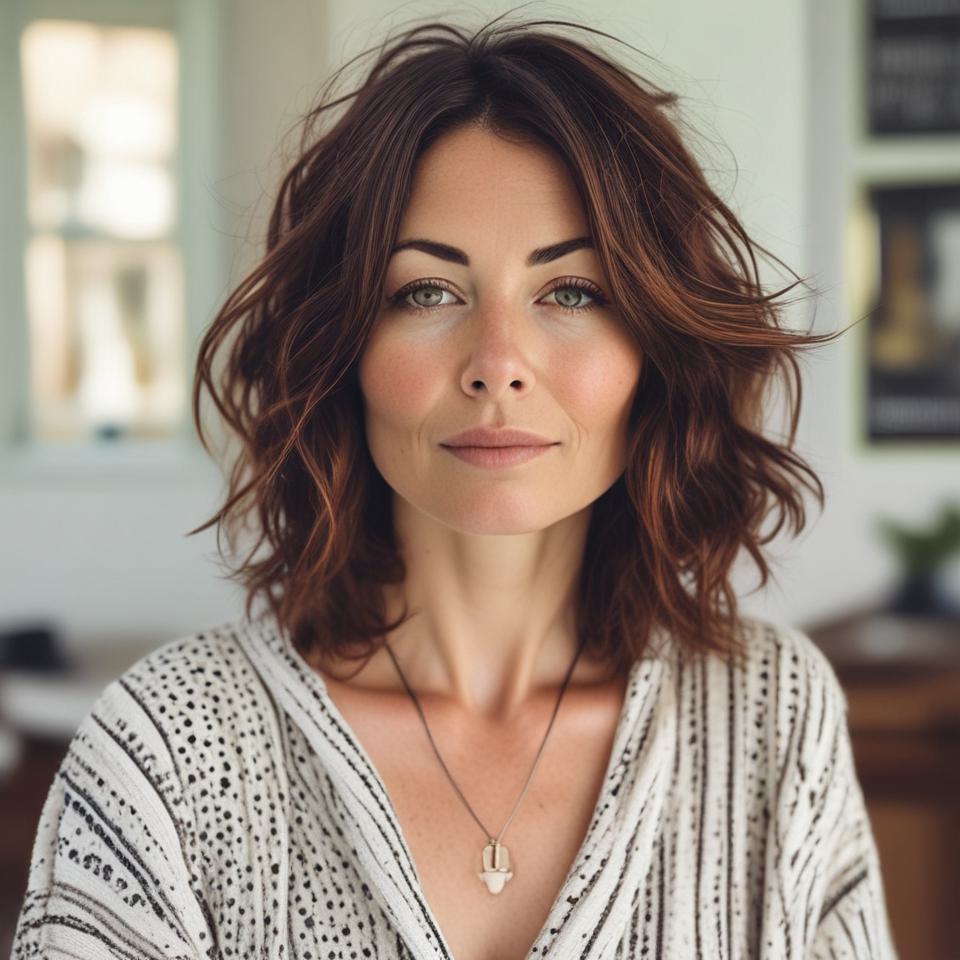 Textured Wob on Beautiful 45-Year-Old Woman with Shoulder-Length Brown Hair