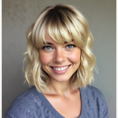 Wavy Blonde Bob with Full, Blunt Bangs