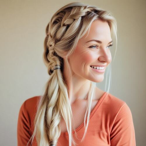 Side Braid on Smiling Blonde Woman in Her 40s