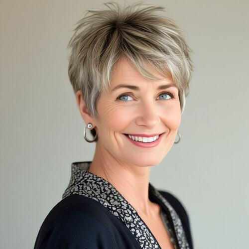 Ash Pixie Cut on Smiling Woman Over 60