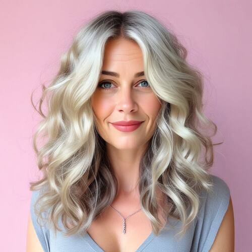 Silver Blonde Waves on Long-Haired Woman Over 50