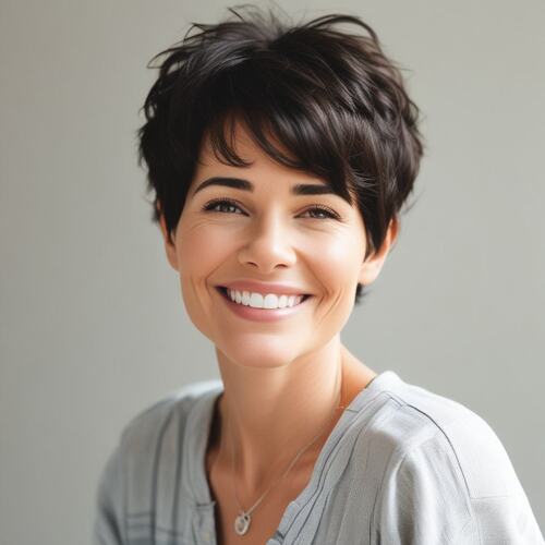 Pixie Cut with Bangs on Smiling Woman in Her 40s